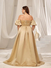 Plus Off Shoulder Puff Sleeves Satin Sequin Mermaid Dress - Elonnashop